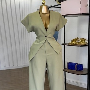 Ensemble décontracté pour femme 2026 : <span class=keywords><strong>Blazer</strong></span> uni à col en V et pantalon taille haute – Tenue décontractée et confortable - Product Image 3
