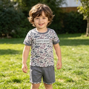 BSSO1838 rts Boutique Baby Grey camo daddy's buddy embroidery Clothing Set Wholesale summer short sleeve set - Product Image 1
