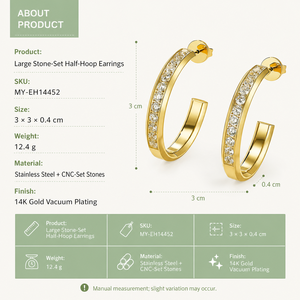 <b>Large</b> <b>Stone</b> Set Half Hoop Earrings Stainless Steel 14K Gold Vacuum Plated Post Back Gold Silver Variants - Product Image 4