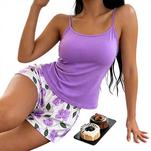 Women's 2-Piece Eco-Friendly 100% Cotton Summer Lounge Set V-Neck Cami Floral Printed Short-Sleeved Shorts Elastic Waist Front - Product Image 4