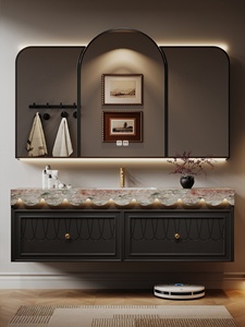 Handmade original design French retro <b>oak</b> rock panel seamless ceramic basin intelligent mirror cabinet bathroom cabinet - Product Image 4