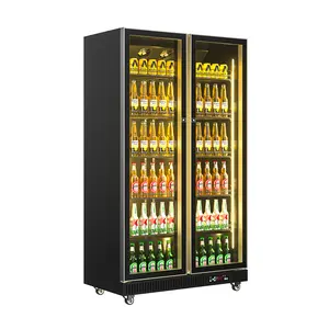 Refrigerador de exposição vertical para bar, refrigerador preto com 2 portas de vidro e balcão de cerveja