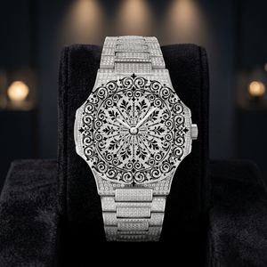 Montre de luxe AMBER JEWELS avec mouvement à quartz CITIZEN, cadran en moissanite argenté de 46 mm, affichage analogique, fermoir à boucle, étanche - Product Image 1