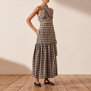 Vestito estivo nuovo Design fasciante abito di lino Vintage Plaid Plaid <span class=keywords><strong>Top</strong></span> corto <span class=keywords><strong>e</strong></span> <span class=keywords><strong>vita</strong></span> <span class=keywords><strong>alta</strong></span> <span class=keywords><strong>gonna</strong></span> <span class=keywords><strong>lunga</strong></span> due pezzi Set donna - Product Image 2