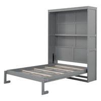 Lit mural Murphy gris pleine taille avec étagères intégrées, lit pliable gain de place pour chambre d'amis