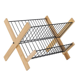 Bamboo Wood Dish <b>Rack</b> Carbon Steel Folding Drainer Kitchen <b>Plate</b> Organizer Square Shape Storage <b>Rack</b> For Drying Utensils - Product Image 4