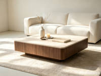 Table basse carrée en gros avec bord arrondi, cadre en placage de bois à grain vertical, plateau bicolore aspect bois, table basse moderne