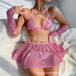 2025 AliExpress Foreign Trade Women's Sexy Two-Piece Swimsuit with Glossy <b>Triangle</b> Bag <b>Bikini</b> <b>Set</b> 9019 - Product Image 2
