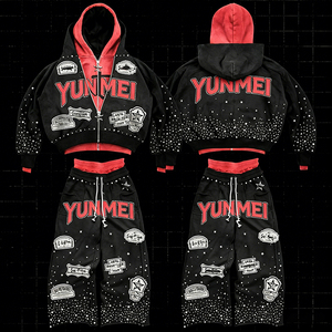 Conjunto de Sudadera con Capucha y Pantalones Deportivos para Hombre, Estilo Streetwear, Personalizado, con Bordado Desgastado, Cierre de Cremallera, Gráficos con Pedrería, Lavado Ácido - Product Image 3