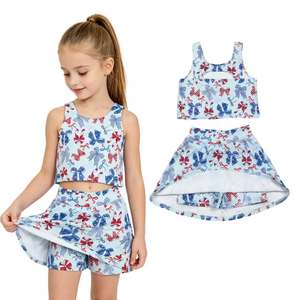 In Stock Casual Summer <b>Red</b> Blue <b>Bows</b> Tank Top Skort Baby Girls 4th of July Active Outfits Sisters Yoga Clothes Sports Clothing - Product Image 1