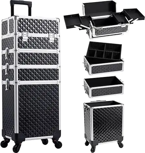 Professionelle rollende Make-Up-Schachtel mit Rad 4-in-1-Make-Up-Strolley, Kosmetik-Zugbox Make-Up-Auto Reisetrolley mit Schlüsseln