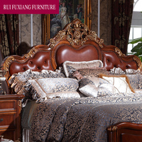 Lit en bois sculpté de style américain, luxueux, avec revêtement en cuir, lit double, lit king-size, ensemble de meubles de chambre classique pour villa