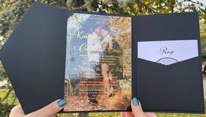 Vente en gros de luxe personnalisée élégante <span class=keywords><strong>invitation</strong></span> de mariage en acrylique avec <span class=keywords><strong>photo</strong></span> et enveloppe de poche noire à trois volets - Product Image 6