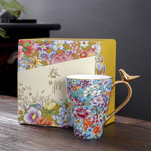 工厂热卖定制设计骨瓷全贴花欧式陶瓷咖啡杯金色手柄 - Product Image 4