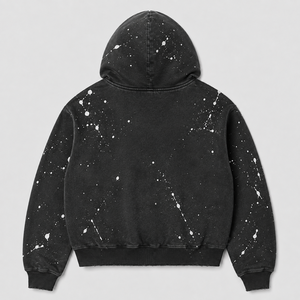 Sweat à capuche homme personnalisé, coupe ample, style streetwear, noir délavé vintage, effet éclaboussures de peinture, imprimé graphique, coupe courte, fermeture éclair intégrale, poche kangourou - Product Image 2