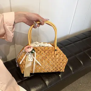 2024 New Summer Vacation Handmade Pearl Handle Wicker Straw Tote Bag Women Shopping Shoulder Bag Woman Handbags