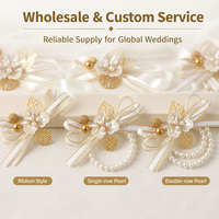 Corsage de poignet en métal Double Bonheur avec perles et ruban de satin, fleur de main pour mariée, demoiselle d'honneur, mariage, banquet, fête prénuptiale, décoration