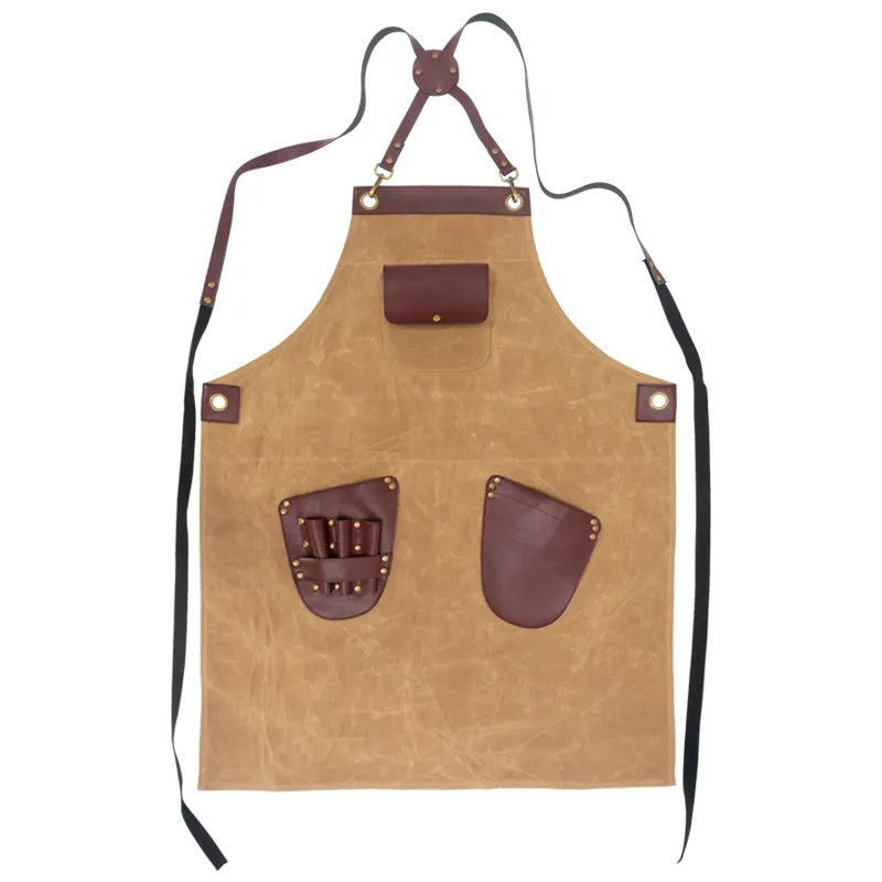 High-end work washed canvas tool apron barber leather pocket apron