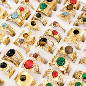 Xxi विंटेज शैली फ्रेंच प्राकृतिक पत्थर स्टेनलेस स्टील की अंगूठी 18k सोने की प्लेटेड अंगूठी मिश्रण थोक रत्न - Product Image 3