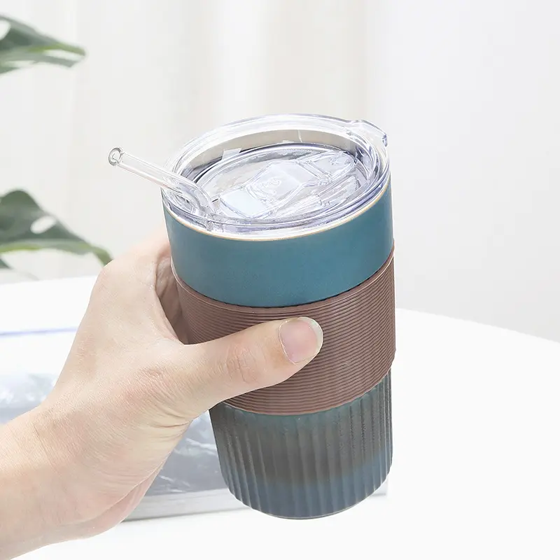 Cách điện đầy màu sắc gốm du lịch cốc cốc cà phê với nắp rơm ánh sáng và dễ dàng để thực hiện xách tay