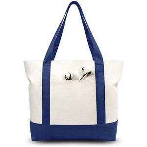 Customized Letter Logo Prints Blank Plain Zipper Pocket Length Shoulder Handle Medium Calico Shopping Cotton <b>Canvas</b> <b>Tote</b> Bags - Product Image 2
