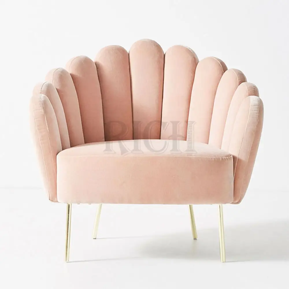 Sillón moderno con forma de concha suave, sala de estar tapizado para, silla de ocio de terciopelo rosa claro