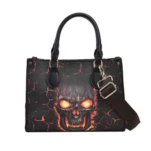 Custom Printed Tote Bag Black Textured Vegan Leather Skull Gothic Women's Handbag Halloween Crossbody Bag Manufacture