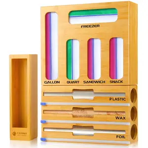 OEM kustom multifungsi tas Ziplock bambu laci Organizer 9 In 1 bungkus plastik Dispenser dengan pemotong