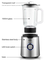 Blender de table électrique domestique programmable automatique sans BPA, 600W, boîtier en verre, 220V, 1,5L, commande par cadran, 2 vitesses, chauffage