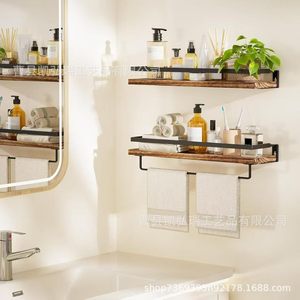 Étagère à épices murale pour cuisine en fer et bois ; étagère murale pour articles de toilette et porte-serviettes pour salle de bain. - Product Image 3