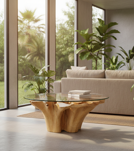 Table basse en racine de teck, présentant une forme naturelle et organique, avec plateau en verre, robuste et au style raffiné, pour les espaces de vie haut de gamme. - Product Image 6