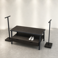 Table de présentation en fer à grain de bois foncé avec tiroirs et deux supports suspendus à poteau unique, ensemble commercial pour la vente au détail
