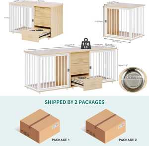 Double caisse en bois personnalisée de luxe pour chiens Support TV de luxe en fer Séparateur de chambre 2 bols mangeoires Cages de table pour animaux de compagnie à motif solide Respirant - Product Image 2