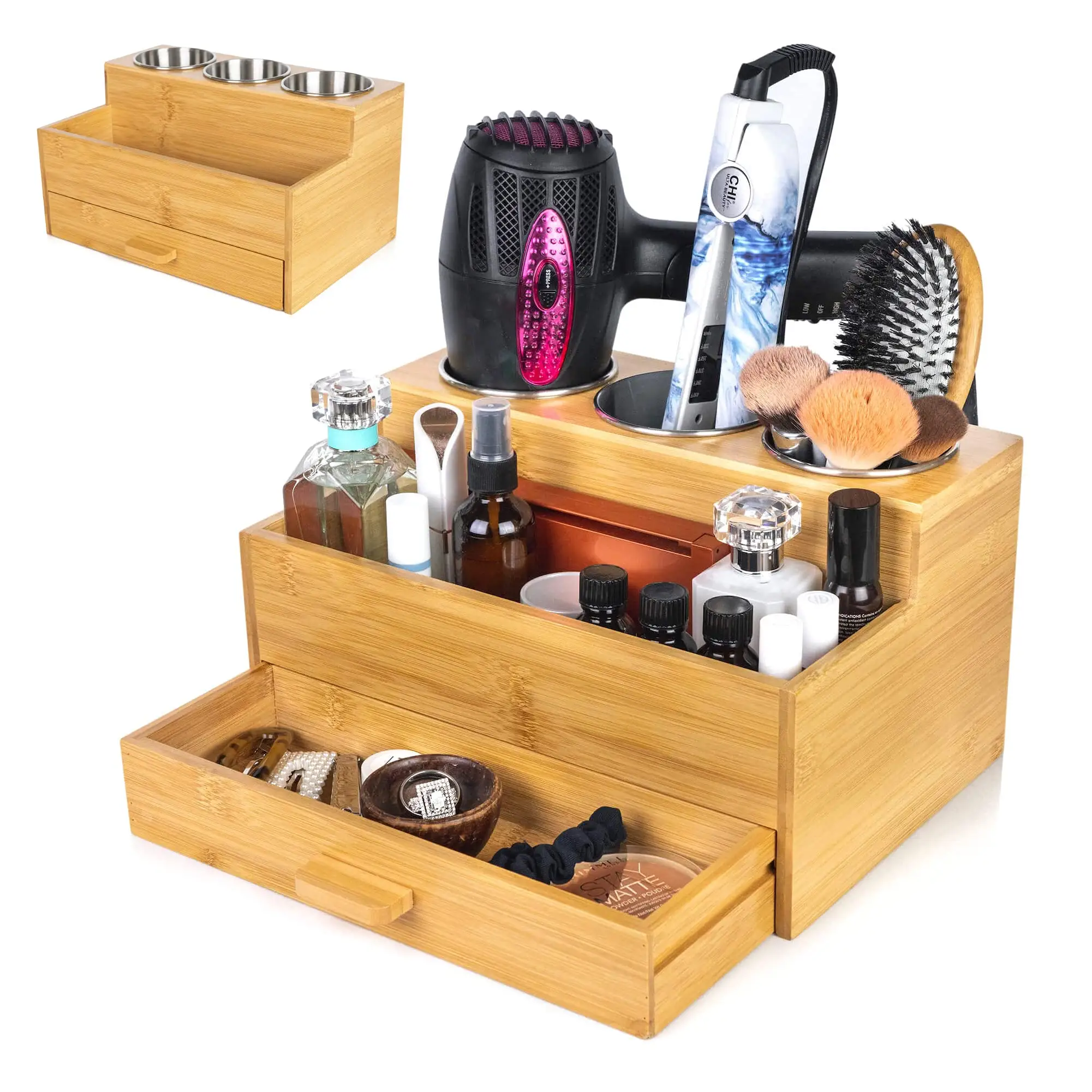 Organizador de herramientas de bambú para maquillaje, secador de pelo, soporte de almacenamiento para encimera de baño