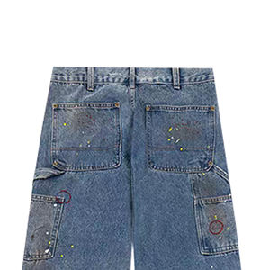 بنطال رجالي عتيق مغسول من القطن والدنيم واسع واسع للركبة المزدوجة مكروه بأضرار مطلية بالكريستال المطرز - Product Image 4