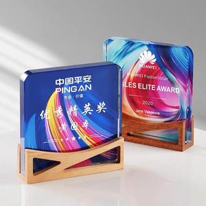 Mới đầy đủ màu sắc in ấn kính quang học giải thưởng cơ sở bằng gỗ cổ pha lê Trophy với cơ sở bằng gỗ MH-J618 - Product Image 1