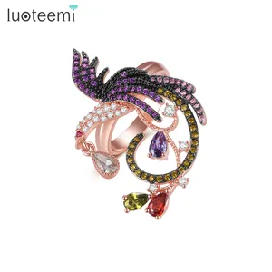 洛泰米批发设计玫瑰金电镀女多直拉尖头镶嵌菲尼克斯动物鸟直拉戒指