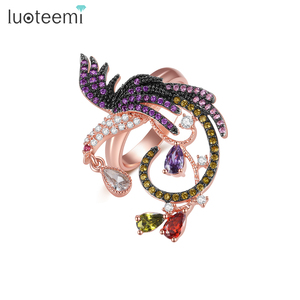 LUOTEEMI Vente en gros de bagues pour femmes en or rose plaqué, serties de plusieurs CZ, motif animal phénix, oiseau, CZ - Product Image 1