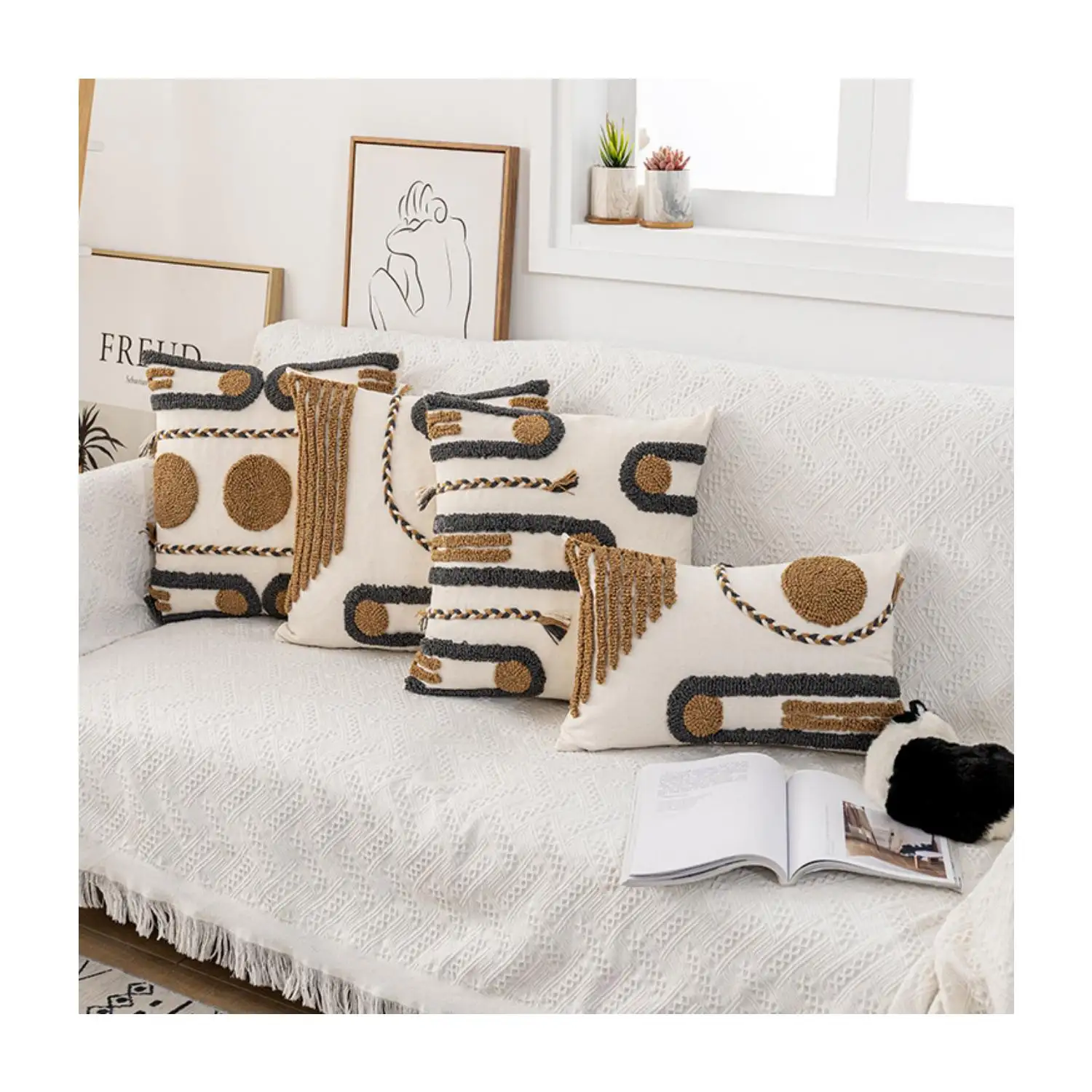 Queeneo自由奔放に生きる幾何学的なデザインインドの高品質のキャンバス房状の刺繍クッションカバー装飾的なソファ用枕カバー
