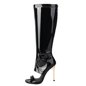 Summer Open Toe Single Band Knee High Boots Women's Patent Sandals Shoes High Heels Big Size 46 Back Zipper Long <b>Booties</b> - Product Image 1