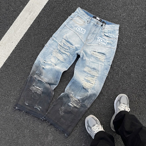 Jeans bleu délavé tendance pour hommes, de haute qualité, design déchiré à <span class=keywords><strong>changement</strong></span> progressif, jeans droits pour hommes, pantalon large personnalisé - Product Image 1