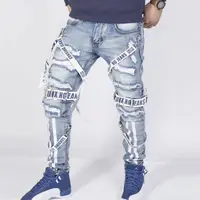 Jeans — pantalon en Denim bleu ciel ouvert, de haute qualité, droit, déchiré, Slim, Patchwork fermeture éclair, décoration, 2020