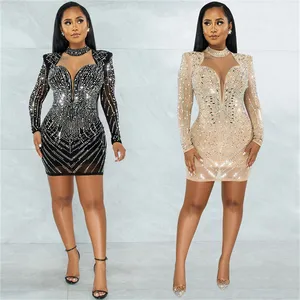 Robe de soirée Sexy à manches longues en maille de diamant, abricot noir, décolleté en V profond, pour femmes, S-XXL