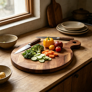 Plateau de service <span class=keywords><strong>circulaire</strong></span> en <span class=keywords><strong>bois</strong></span> d'acacia à chevrons, avec poignée, pour charcuterie et décoration de cuisine – Vente en gros - Product Image 1