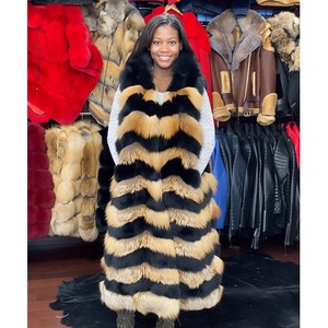 RXFurs <span class=keywords><strong>Gilet</strong></span> <span class=keywords><strong>long</strong></span> en fourrure de renard roux naturel et <span class=keywords><strong>noir</strong></span>, veste sans manches, veste longue en fourrure de renard avec capuche - Product Image 2