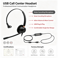 Headset USB Monaural Call Center Grosir, Mikrofon Peredam Kebisingan, Kenyamanan Seharian Penuh, Headphone Kantor Logo OEM CE FCC RoHS