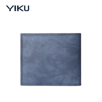 Dompet Kulit Asli Pria Pendek Biru YIKU Fashion Casual Slim, Tempat Kartu, Cocok untuk Perjalanan, Hadiah dengan Logo Custom