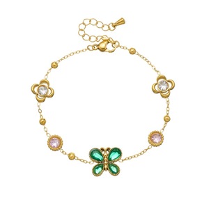 Butterfly Flower Gold Plated Bracelet With Green Stones And Clear Crystals For Women Gift Jewelry - Product Image 5