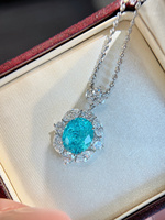 Ensemble de bijoux en or blanc 18 carats avec diamant Paraiba cultivé en laboratoire, pierre principale ovale, halo fantaisie, bague et pendentif 2 pièces, gemmes colorées, bijoux fins