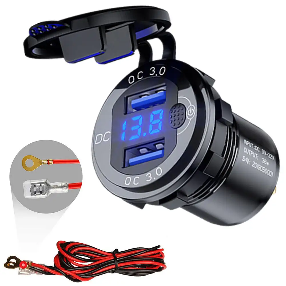 Quick Charge QC 3.036WカーデュアルUSB充電器ソケット防水、12V/24VモーターサイクルATVボートマリンRV用電圧計スイッチ付き